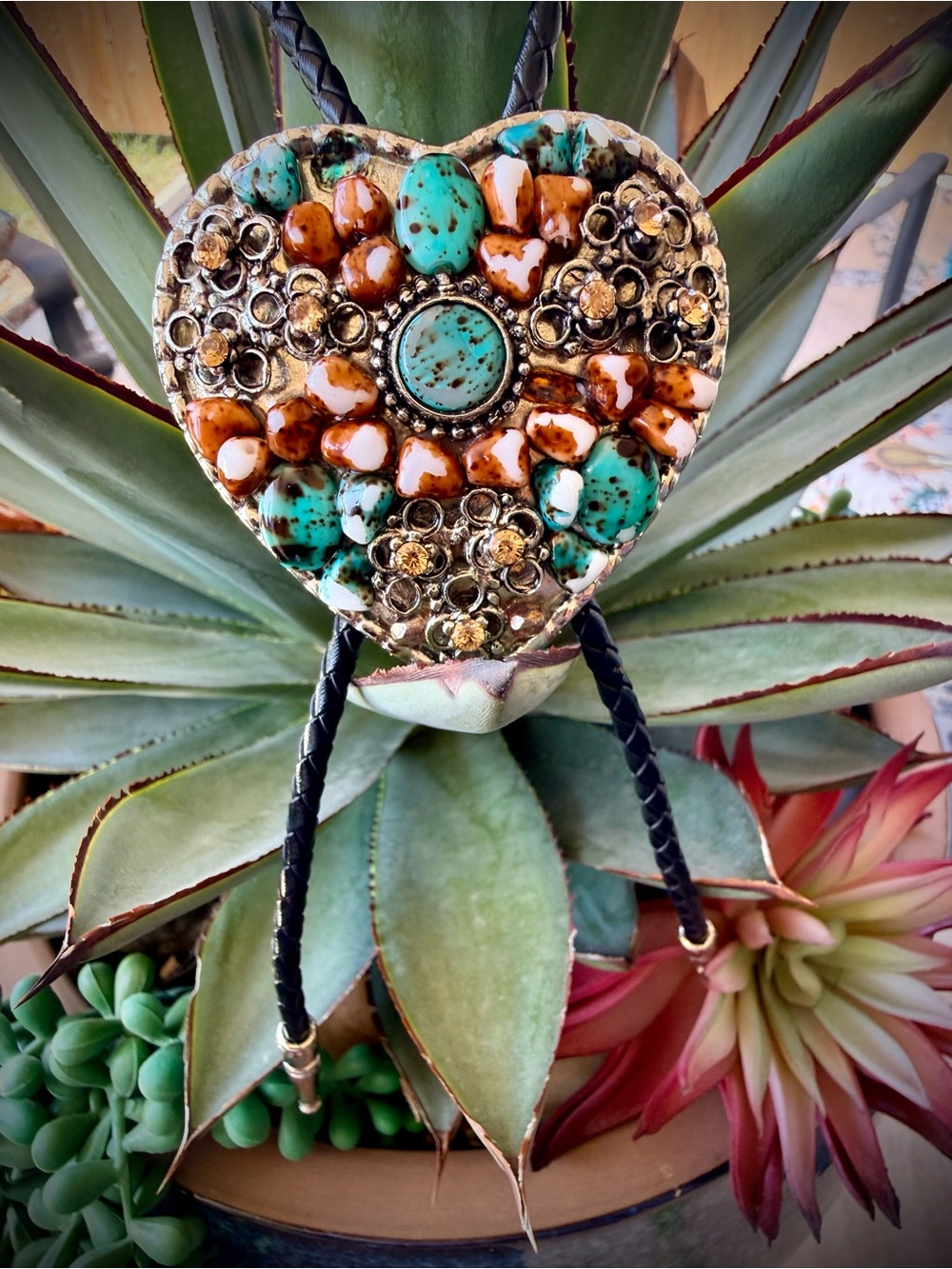 Handcrafted Heart Bolo Tie with green stone and Brown Accent